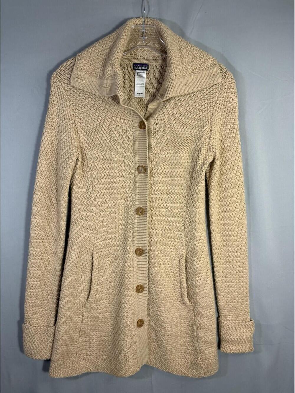 Patagonia Merino Wool Cardigan Sweater Coat Shawl Collar Button Womens S Beige - Picture 2 of 9